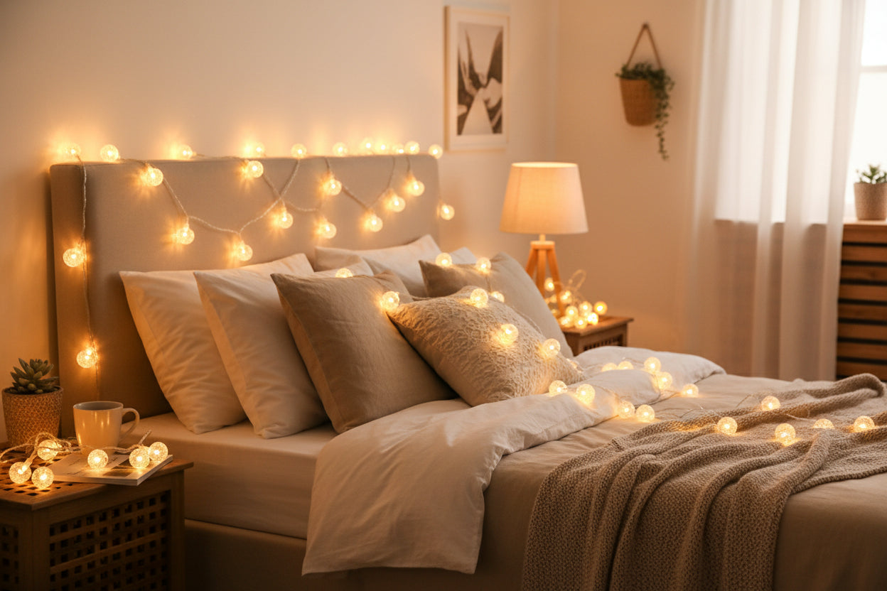 Lange Kristall Lichterkette LED am Balkon installiert, ideal für Überdachte Aussenbereiche.