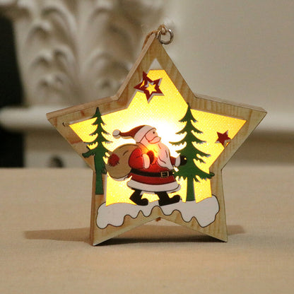 Leuchtende Holz Weihnachtsanhänger LED – Einzelner sternförmiger Anhänger, zeigt den Weihnachtsmann mit Geschenken und Tannenbäumen.