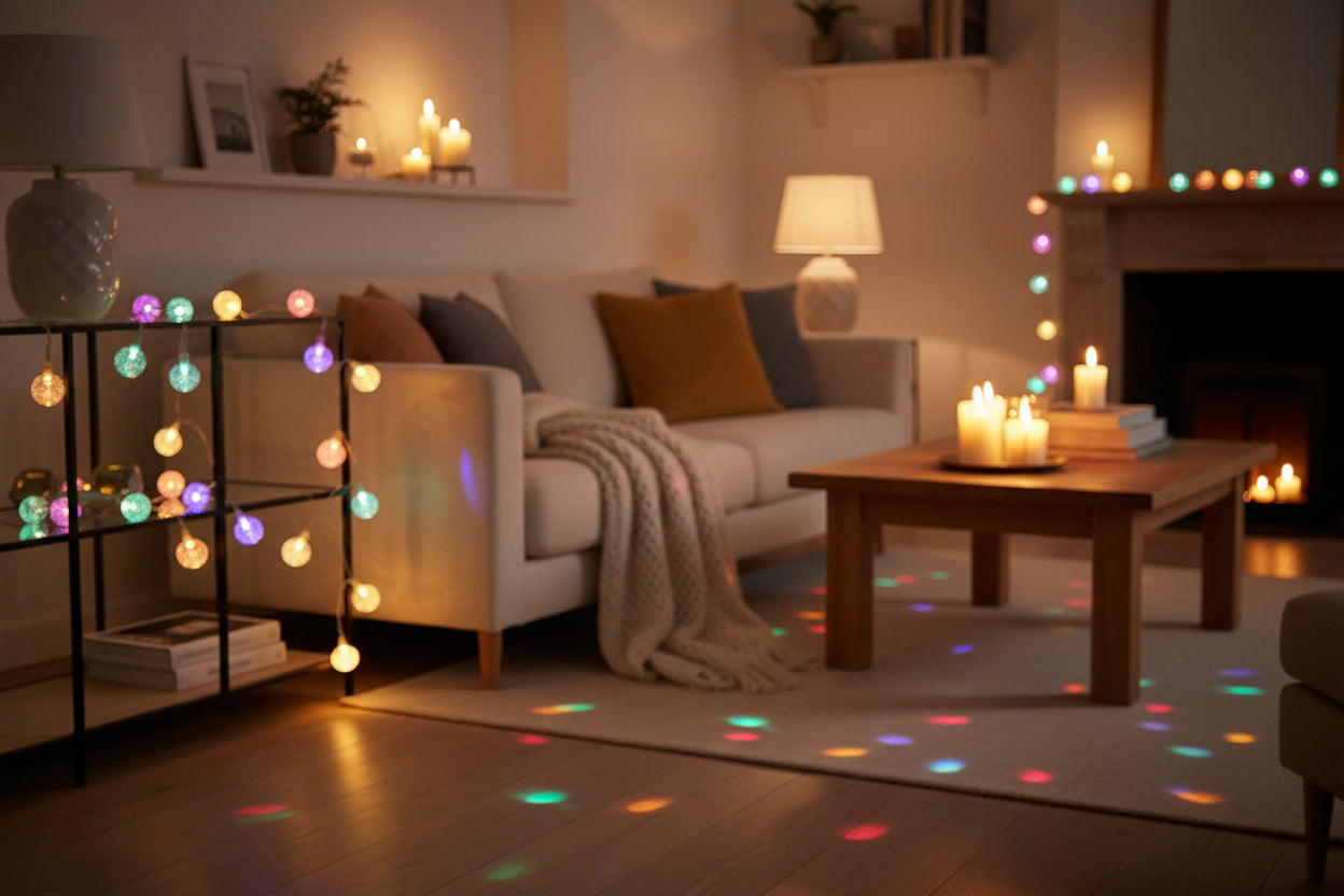 Kristall Lichterkette LED in bunten Farben auf einem festlich gedeckten Tisch.