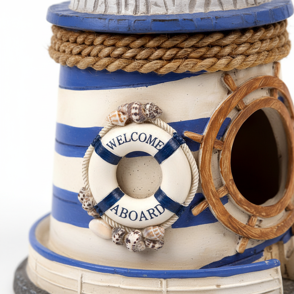 Detailansicht vom Vogelhäuschen im Leuchtturm-Design mit Anker, Steuerrad und Seildetails