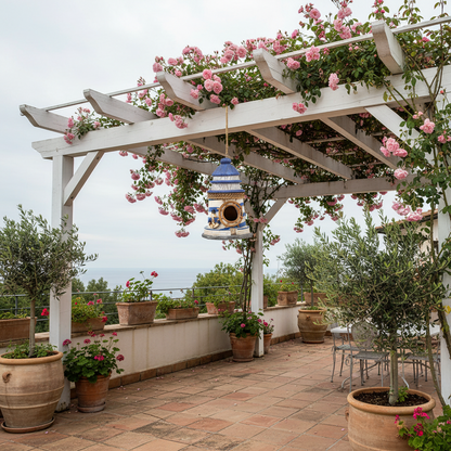 Leuchtturm-Vogelhaus hängt an Pergola mit rosa Kletterrosen und Meerblick auf Terrasse