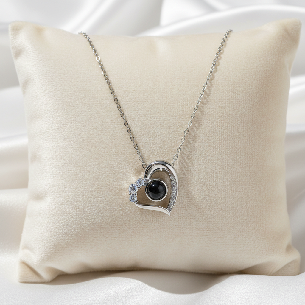 Elegante Projektionshalskette 100 Sprachen Damen Silber Roségold, die als einzigartiges Geschenk und stilvolle Kette für den Muttertag dient.