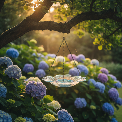 Vogelfutterspender aus Glas hängt am Gartenbaum zwischen blauen und rosa Hortensien