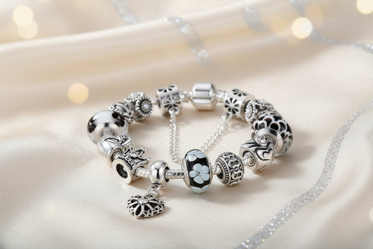 Elegantes Design des Murano Glas Charm Armbands – Venezianische Eleganz für dein Handgelenk, präsentiert auf einem stilvollen Untergrund