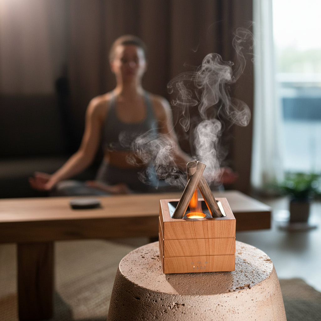 Lagerfeuer Aroma Diffuser im Kontrastdesign - 7-farbige LED-Flammen für stilvolle Raumgestaltung.