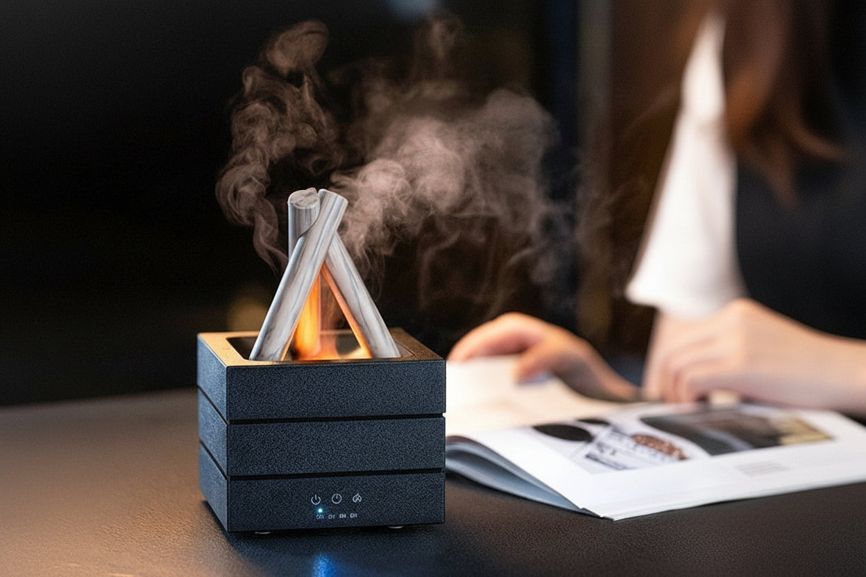 Lagerfeuer Aroma Diffuser in heller Holzoptik - perfekter Aromadiffuser für Yoga und Meditation.