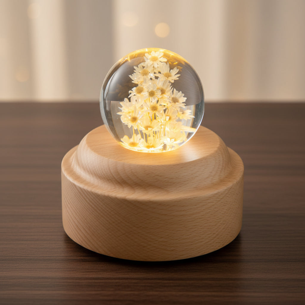 Kristallkugel Nachtlicht 6 cm Gelbe Gaensebluemchen Oktopus Geschenkbox Nachtlampe