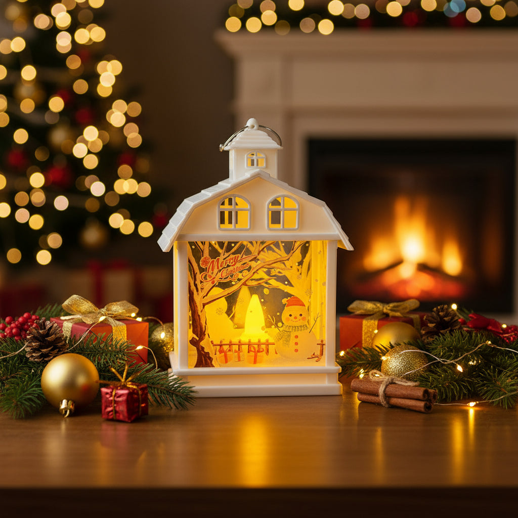 Weisse Weihnachtslaterne mit LED im Häuschen-Look vor Kamin und Weihnachtsbaum