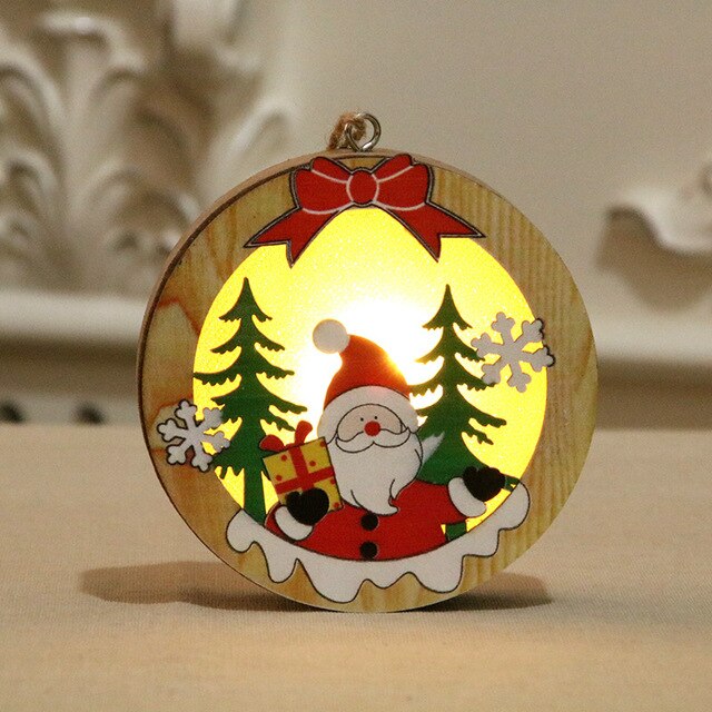 Leuchtende Holz Weihnachtsanhänger LED – Rundanhänger mit fröhlichem Weihnachtsmann und festlicher Dekoration für dein Zuhause.