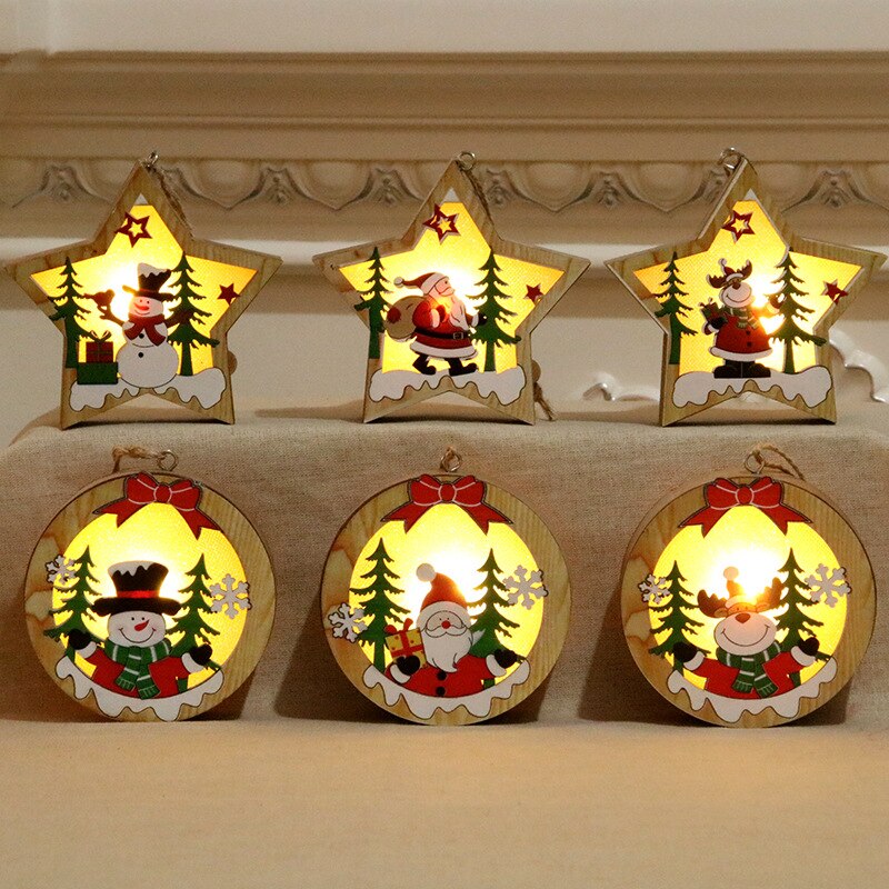 Leuchtende Holz Weihnachtsanhänger LED – Bezauberndes Set mit sechs Weihnachtsmotiven in Stern- und Rundform, ideal für eine festliche Atmosphäre.