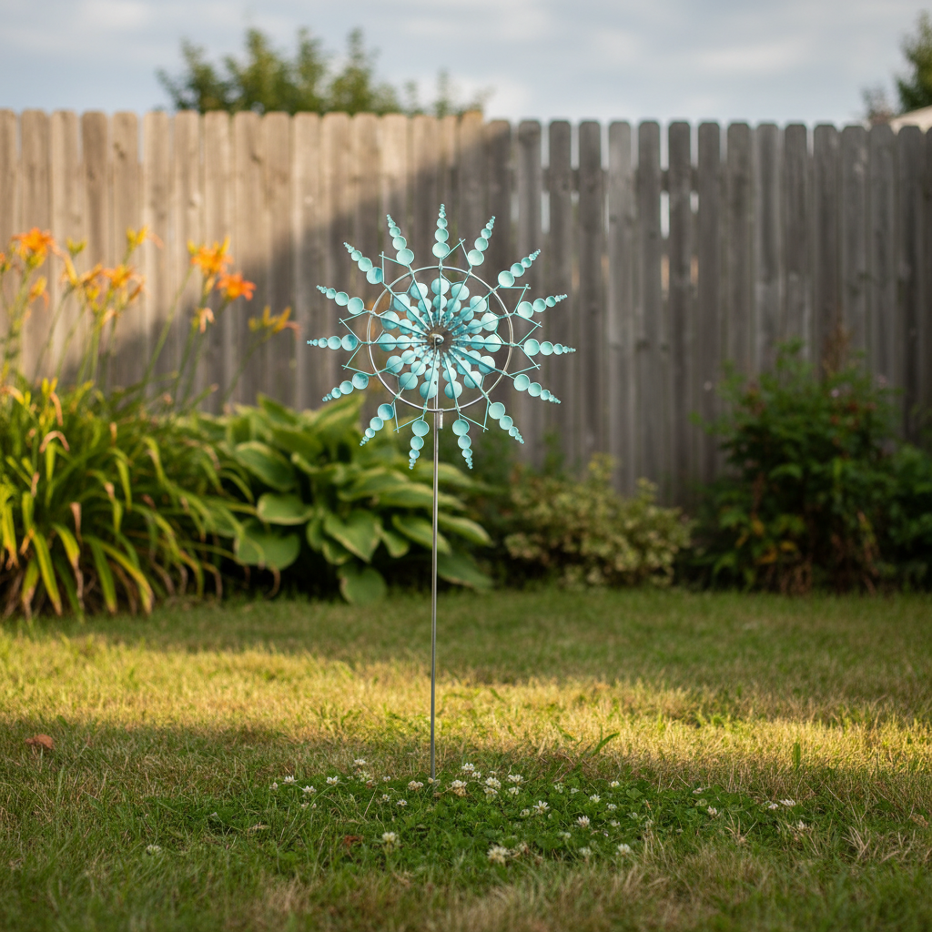 Windrad Garten hellblau – Metall Windspiel auf Erdstab im grünen Garten