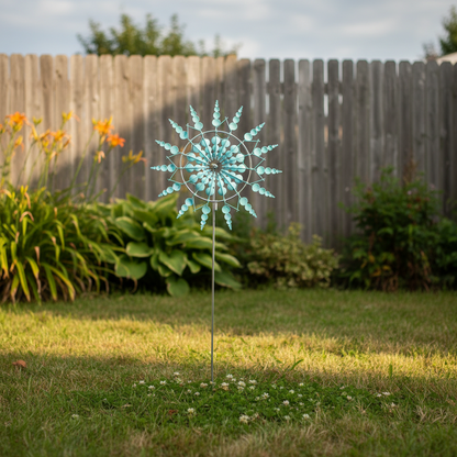 Windrad Garten hellblau – Metall Windspiel auf Erdstab im grünen Garten