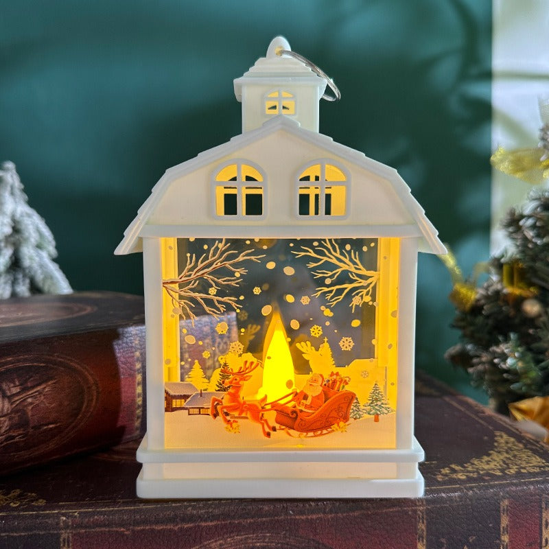 Weisse Weihnachtslaterne mit Rentier und Schlitten