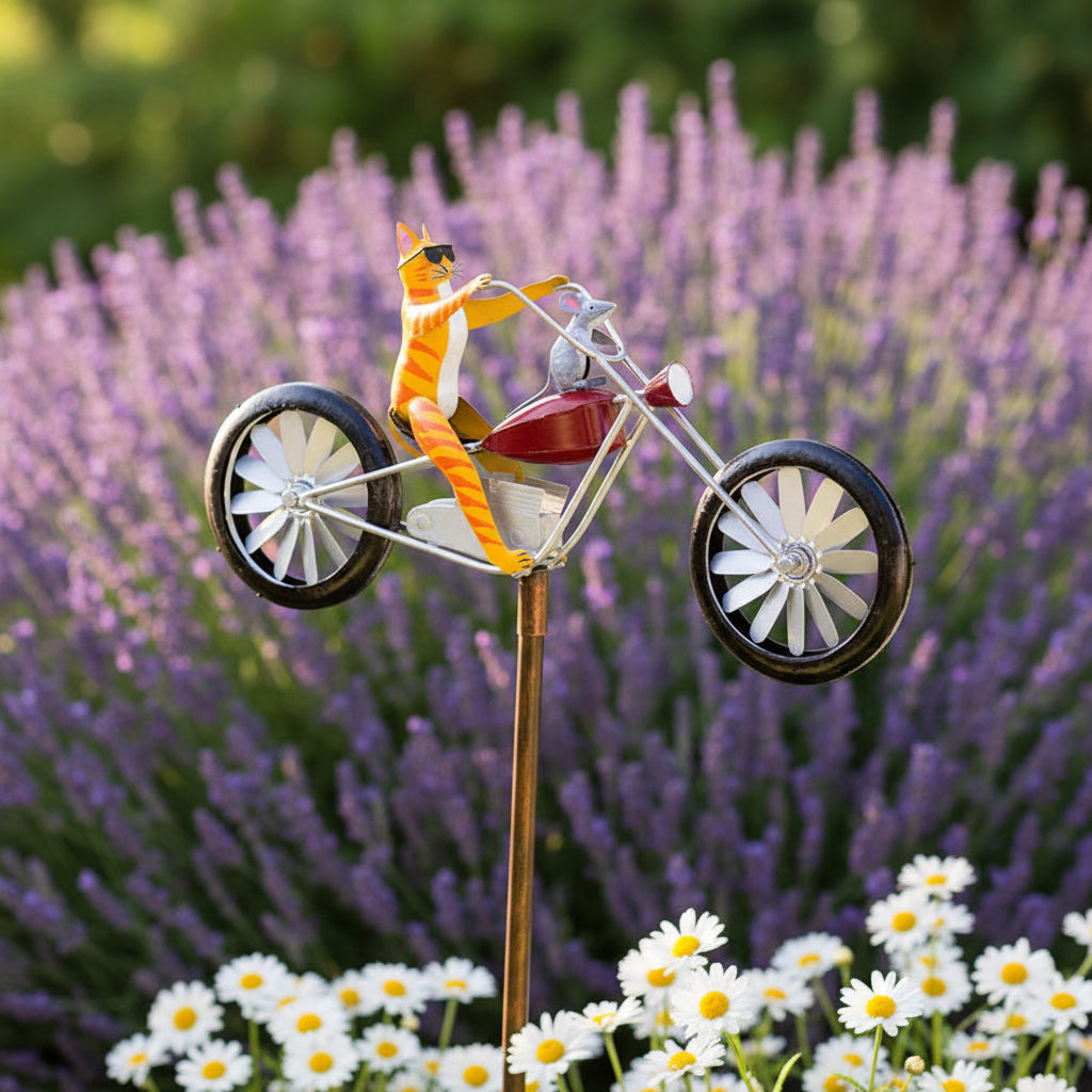 Gartenstecker Katze Motorrad – Metall Windspiel vor Lavendelhecke im Garten