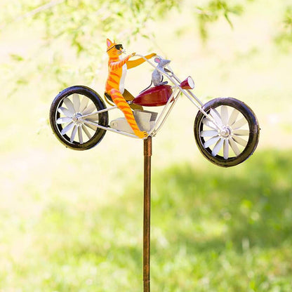 Gartenstecker Katze Motorrad – Windrad Windspiel Schmiedeeisen im Garten