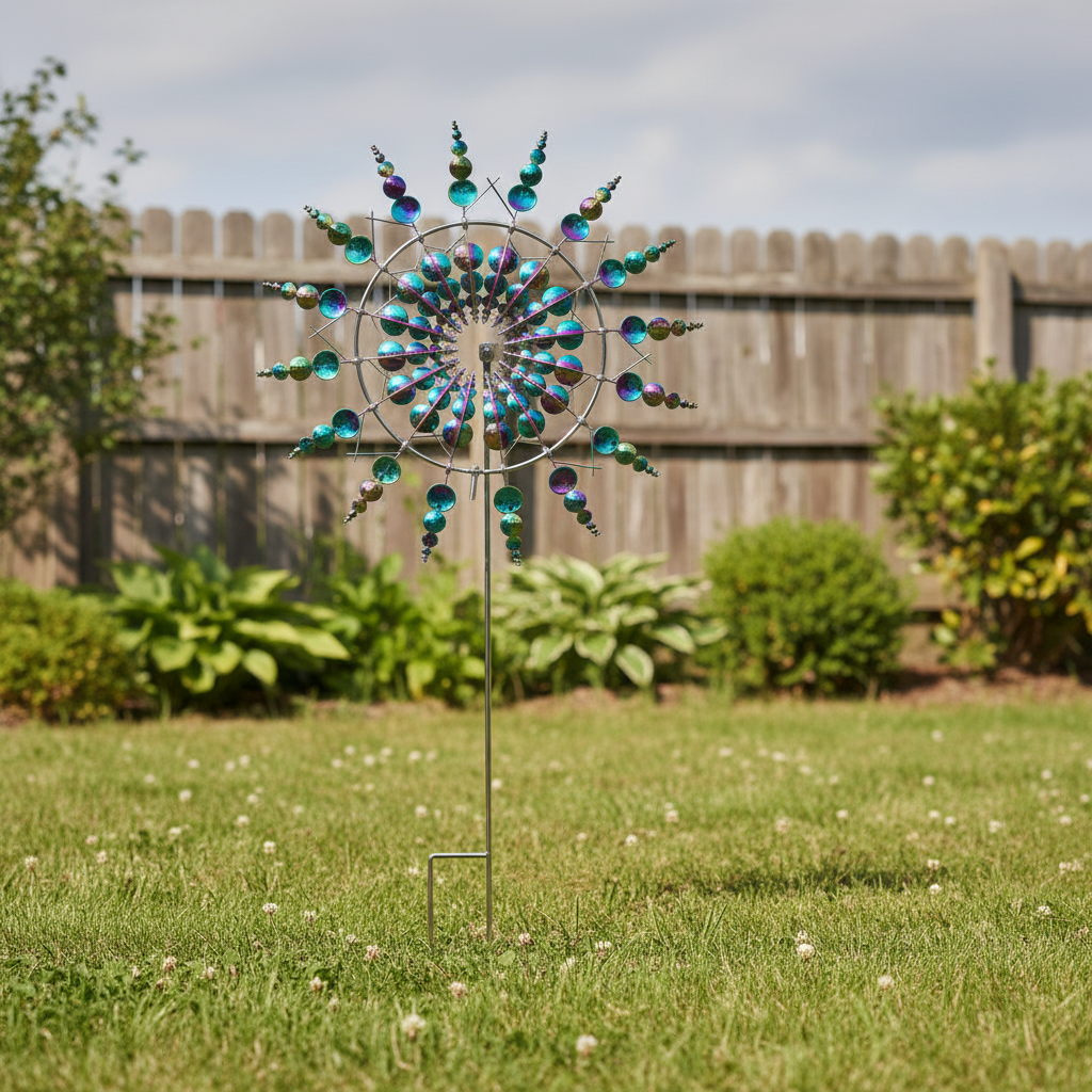 Windrad Garten multicolor – Metall Windspiel Regenbogen im grünen Garten