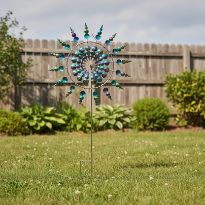Windrad Garten multicolor – Metall Windspiel Regenbogen im grünen Garten