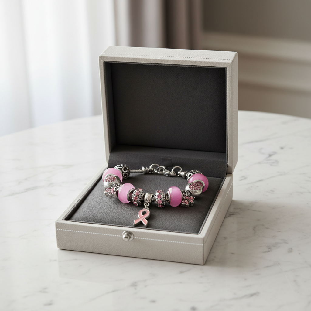 Elegantes Pink Ribbon Armband Brustkrebs, gefertigt mit hochwertigen rosa Glasperlen und einzigartigen Herz-Elementen. Ein Zeichen der Hoffnung.