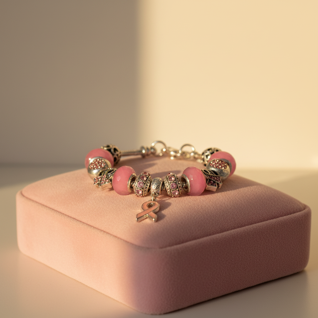 Pink Ribbon Armband Brustkrebs - Charm Armband symbolisiert Stärke und Mut in der Brustkrebs-Bewusstseinsbewegung. Ein ideales Geschenk.