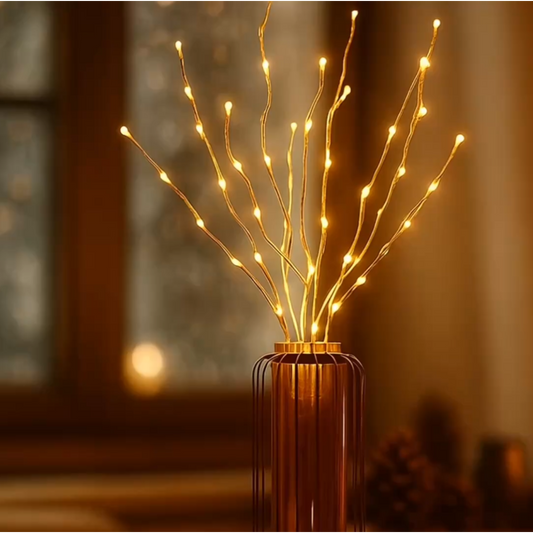 Dekorative LED Zweige mit 50 Lichtern in warmer Beleuchtung, ideal für eine gemütliche Raumdekoration. Perfekt als stimmungsvolle Tischdeko oder in Vasen platziert.