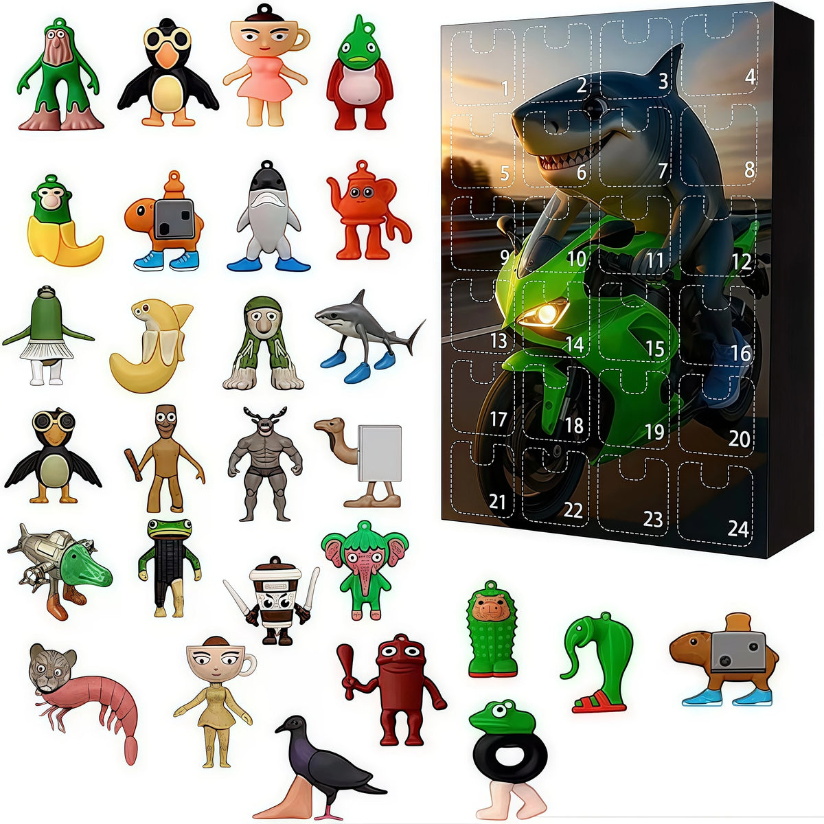 Brainrot Adventskalender Set B: Hai auf grünem Motorrad mit Figuren