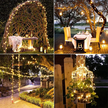 Solar Lichterkette an Pergola, Gartentisch und Vogelkäfig – vier Beispiele