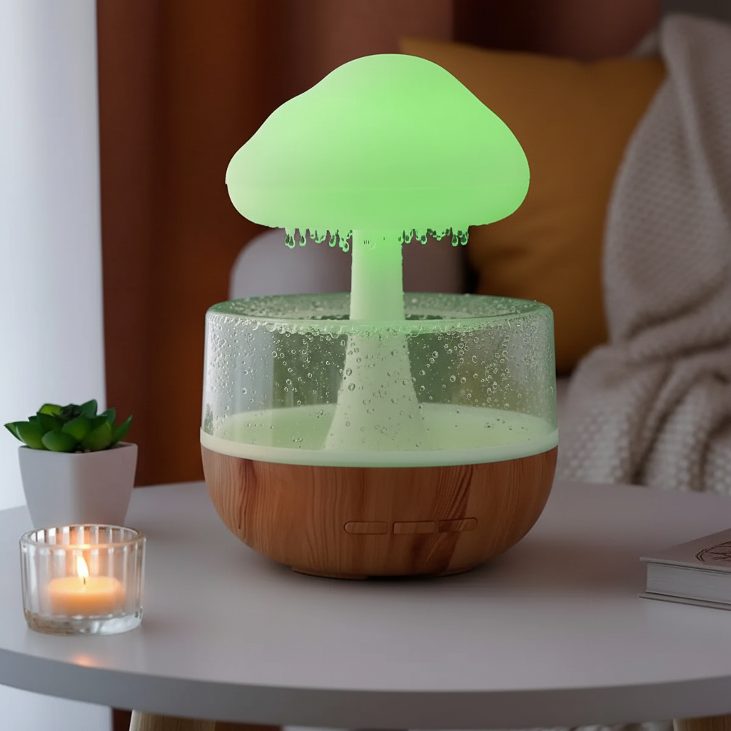 Nachtlicht Funktion des regenwolke Luftbefeuchters – verschiedene Farben zur Auswahl für eine entspannende Schlafumgebung. regenwolke-luftbefeuchter-led-aroma-diffuser