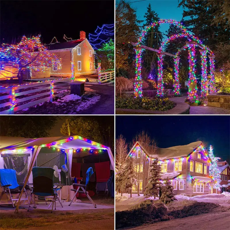Bunte Solar Lichterkette an Haus, Zaun und Pavillon – Collage