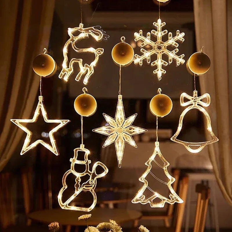 LED Fensterlichter Stern, Schneeflocke, Schneemann und Glocke am Fenster