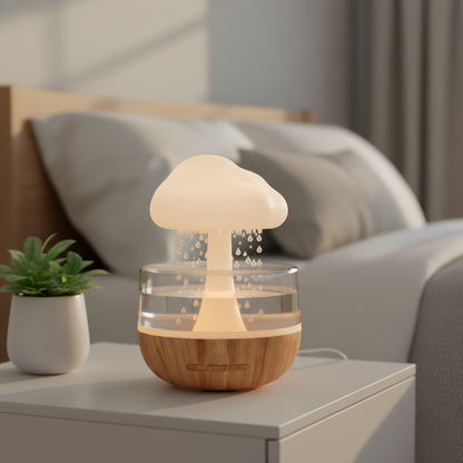 Kompakte Bauform des regenwolke Luftbefeuchters mit USB-C Anschluss und leiser Betriebslautstärke unter 30dB. regenwolke-luftbefeuchter-led-aroma-diffuser