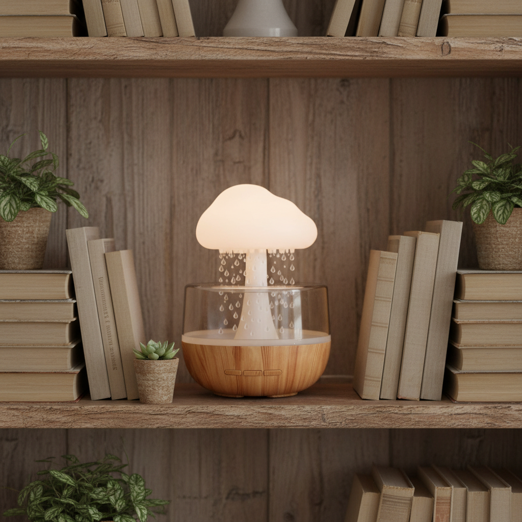 Der 300ml Regenwolke Luftbefeuchter von lumoraX, massive Aroma Diffuser-Funktion und sanftes LED Nachtlicht. regenwolke-luftbefeuchter-led-aroma-diffuser