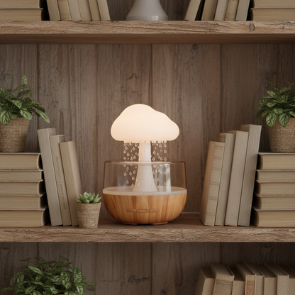 Der 300ml Regenwolke Luftbefeuchter von lumoraX, massive Aroma Diffuser-Funktion und sanftes LED Nachtlicht. regenwolke-luftbefeuchter-led-aroma-diffuser