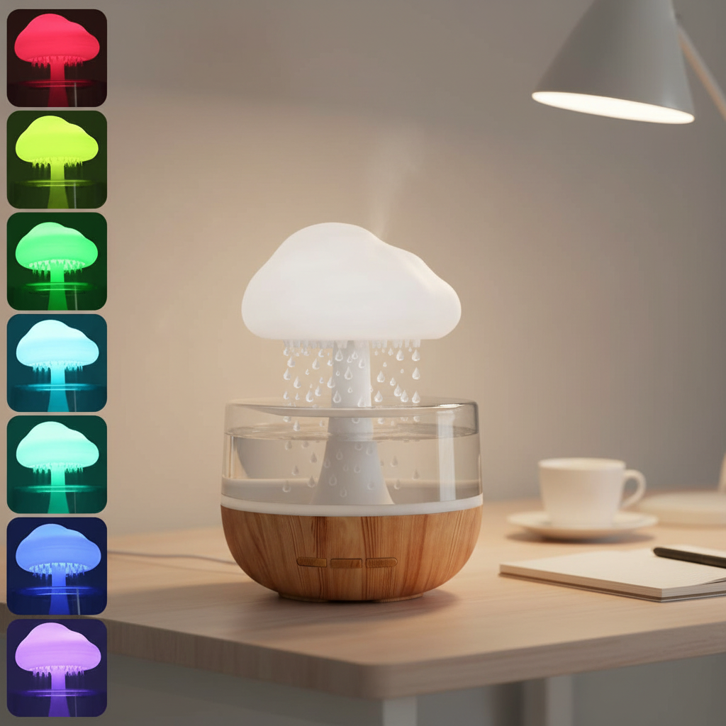 Regenwolke Luftbefeuchter mit LED Nachtlicht und 300ml Aroma Diffuser Funktion, ideal für eine entspannende Atmosphäre.regenwolke-luftbefeuchter-led-aroma-diffuser