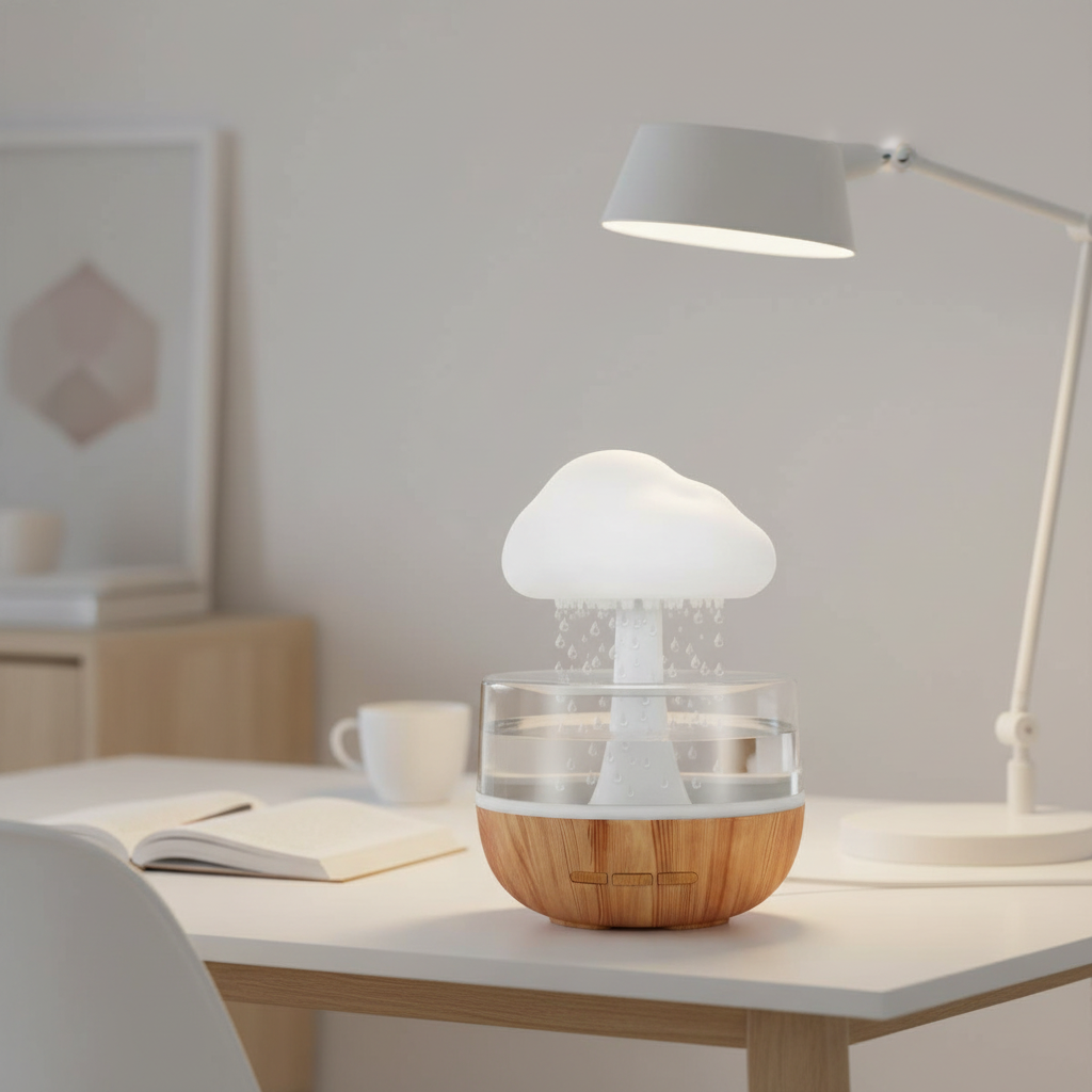 Regenwolke Luftbefeuchter im Einsatz, der durch sanfte Tropfgeräusche zur Entspannung beiträgt. regenwolke-luftbefeuchter-led-aroma-diffuser