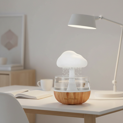 Regenwolke Luftbefeuchter im Einsatz, der durch sanfte Tropfgeräusche zur Entspannung beiträgt. regenwolke-luftbefeuchter-led-aroma-diffuser