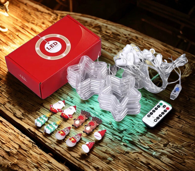 Geschenkbox mit Stern-Rahmen, Lichterkette, Figuren-Anhängern und Fernbedienung