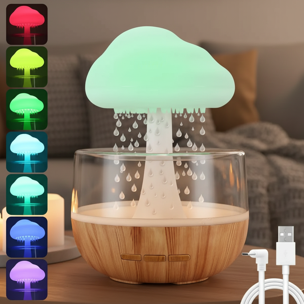 Einblendung der funktionalen Eigenschaften des regenwolke Luftbefeuchters, inklusive Akkulaufzeit und Wassertank Kapazität. regenwolke-luftbefeuchter-led-aroma-diffuser