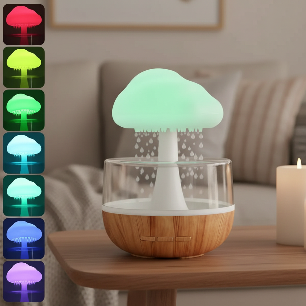 Das 7-Farben LED Display des regenwolke Luftbefeuchters, ideal zur Schaffung einer entspannenden Atmosphäre nachts. regenwolke-luftbefeuchter-led-aroma-diffuser
