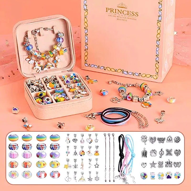 Verschiedene kreative Möglichkeiten mit dem DIY Buntes Charm Armband Set – Schmuckbox für Mädchen, ideales Bastelset.