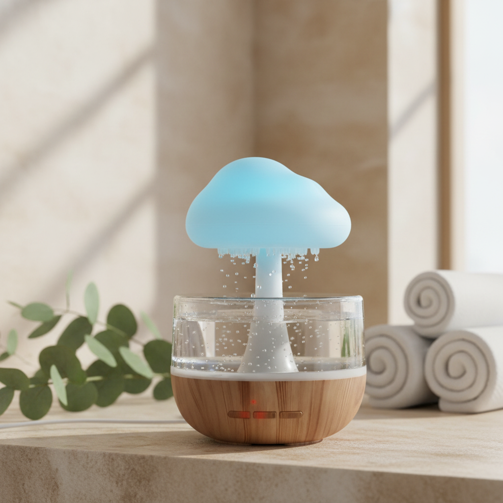 Aromatherapie mit dem regenwolke Luftbefeuchter, der sanftes Licht und beruhigende Geräusche bietet. regenwolke-luftbefeuchter-led-aroma-diffuser