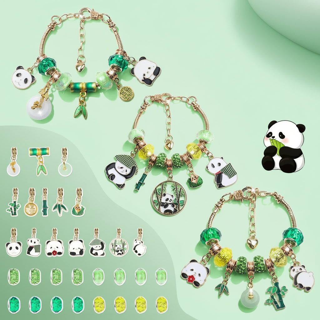 Das DIY Panda Charm Armband und Halskette Set - DIY Panda Charm Schmuckbox für Mädchen mit bunten Perlen und Panda-Charm.