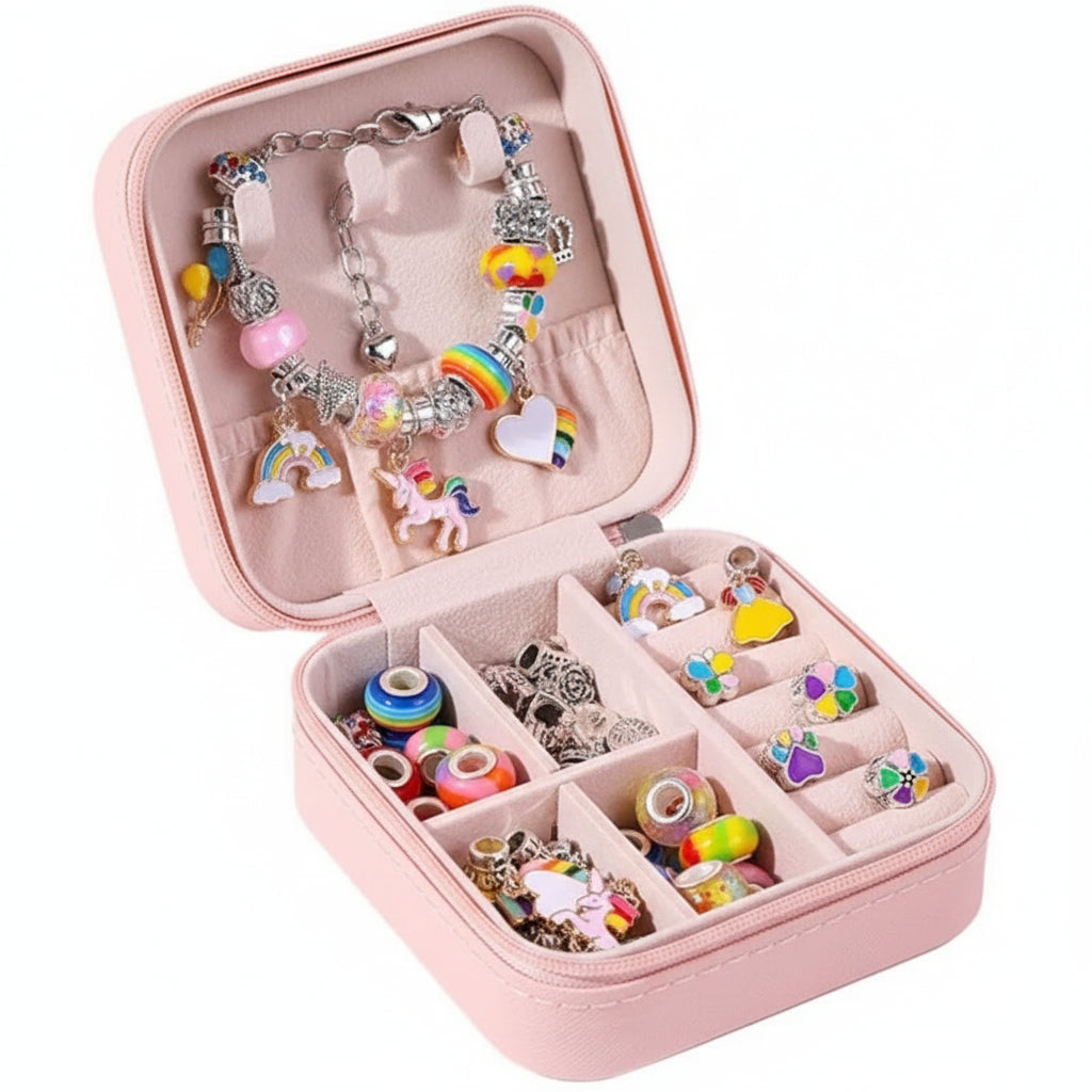 DIY Buntes Charm Armband Set – Schmuckbox für Mädchen, zeigt verschiedene Möglichkeiten zur Armbandgestaltung.