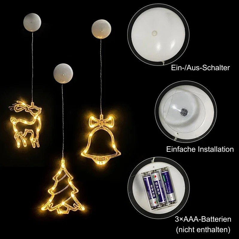 LED Fensterlicht mit Saugnapf, Ein-/Aus-Schalter und Fach für 3 AAA-Batterien