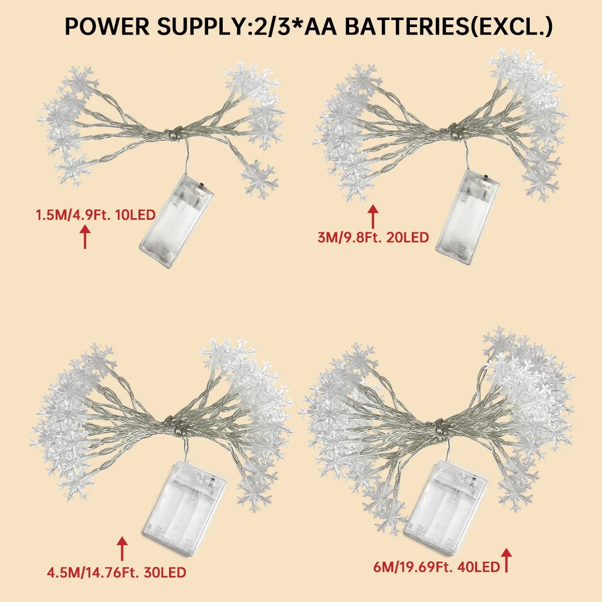 Schneeflocken Lichterkette in vier Längen von 1,5 bis 6 m mit Batteriefach