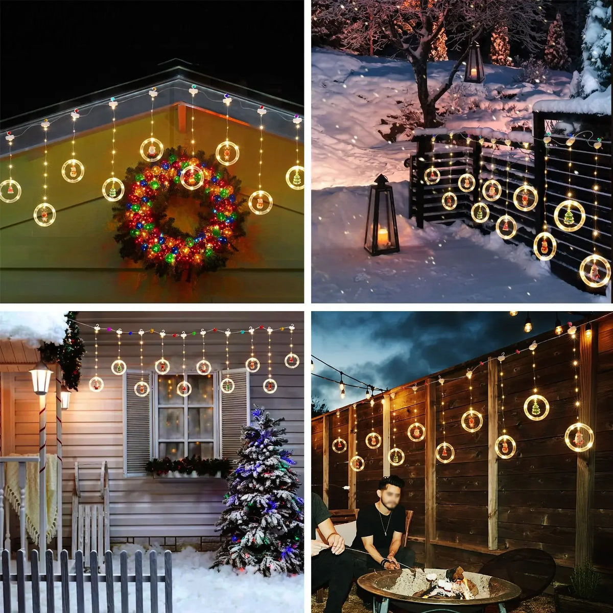 Vier Beispiele: Ring-Lichtervorhang an Dachrinne, Zaun und Fenster im Winter