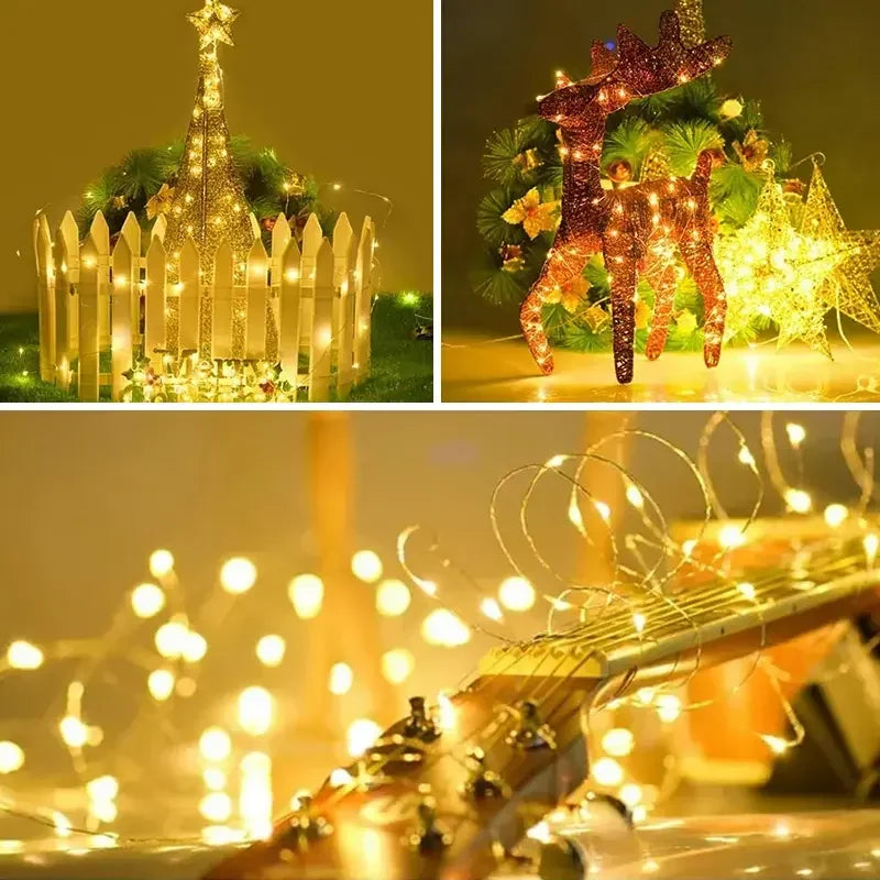 Warmweisse Solar Lichterkette an Gartenzaun und Rentierfigur – Collage