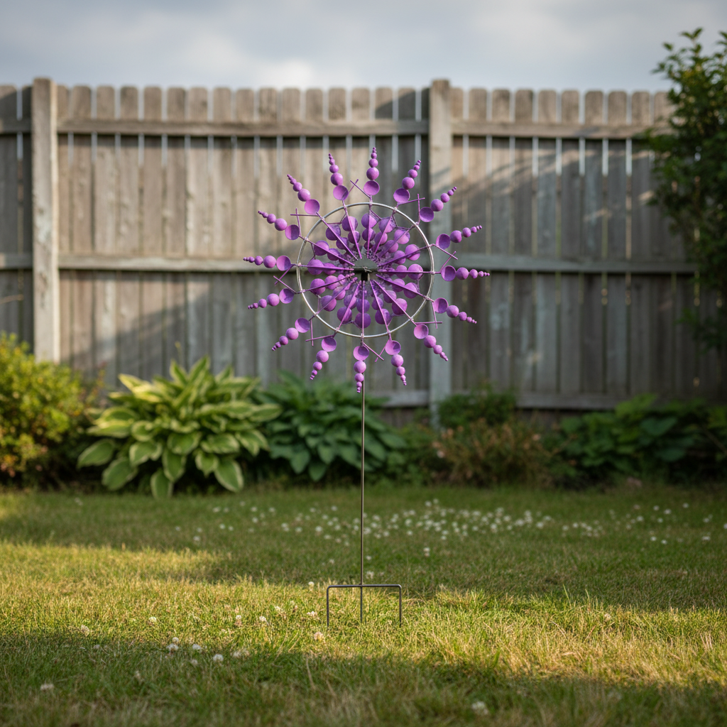 Windrad Garten violett – Metall Windspiel lila Detailansicht auf weissem Hintergrund