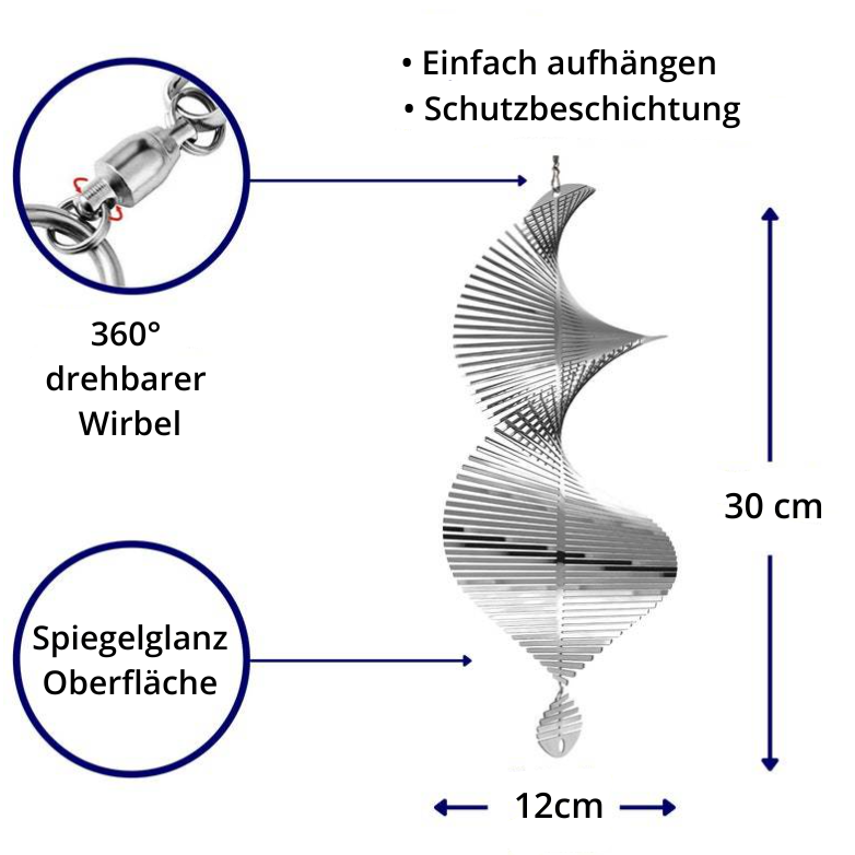 Windspiel hängend silber – Produktbeschreibung mit Masse 12x30 cm und 360° Wirbel