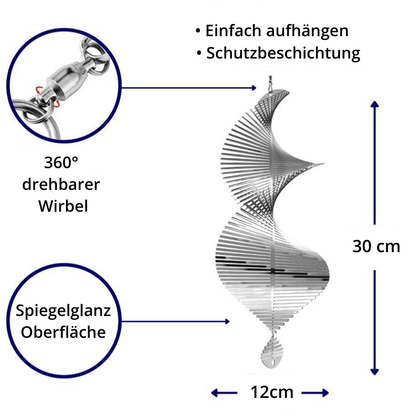 Windspiel hängend silber – Produktbeschreibung mit Masse 12x30 cm und 360° Wirbel