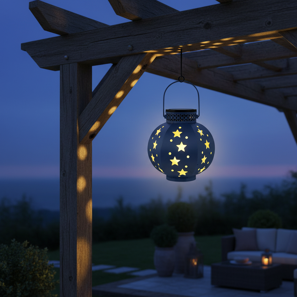 Solar Gartenlaterne aufgehängt am Ast zwischen Blättern für romantische Atmosphäre